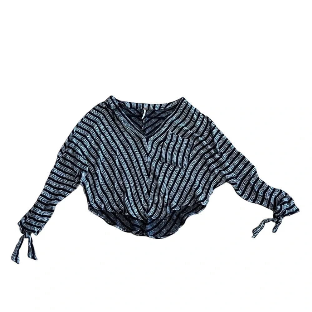 Free People Striped Blouse Tie Front Long Sleeve Top Casual Black M